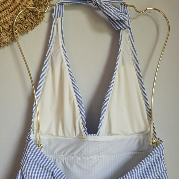 J. Crew, New Blue & White Seersucker Plunging Halter Swim Dress Swimsuit SZ 6 - Picture 6 of 10